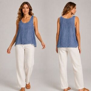 Pronto Moda Italy Blue Mineral Wash Linen Blend Tank Top XL Scoop Neck Womens